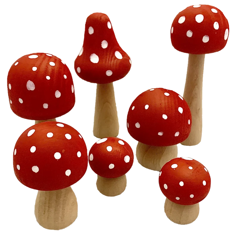 Handbemalte Holzpilze Rot/Weiß, 7er-Set