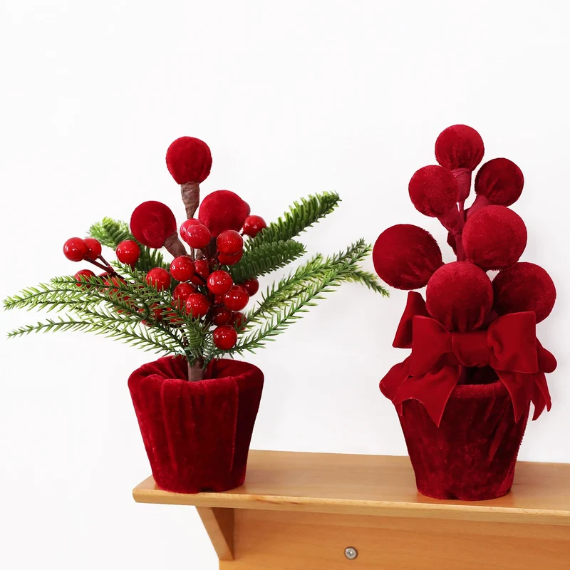 Weinrote Samt-Weihnachtskugeln im Topf, Weihnachtsdeko für Türschwellen, Schaufenster und Innenräume, Set von 4 Stücken