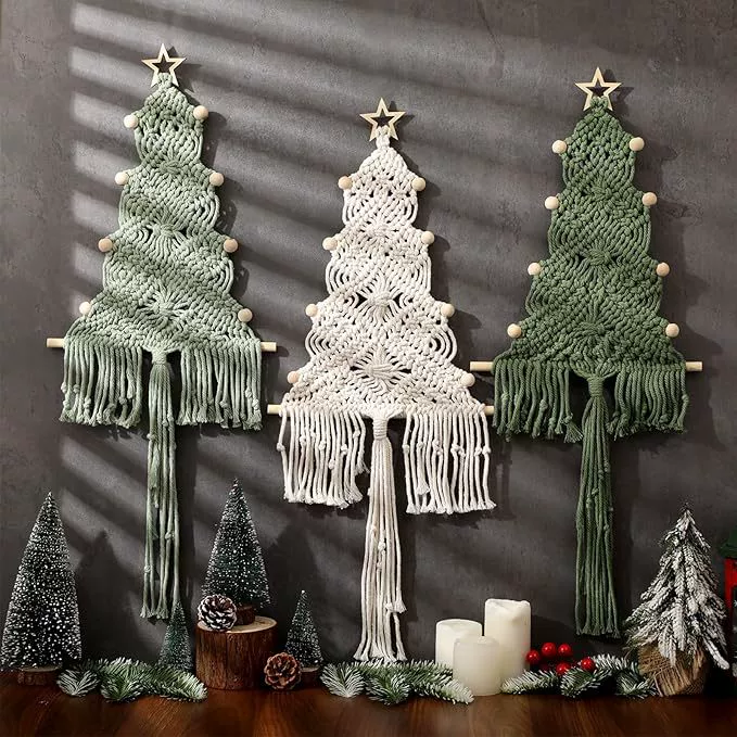 Handgefertigte Baumwoll-Seil Weihnachtsbaum Franse Dekoration, 61x30 cm, Wandbehang für Hochzeit, Café, Zuhause, Geschenk, ganzjährig nutzbar