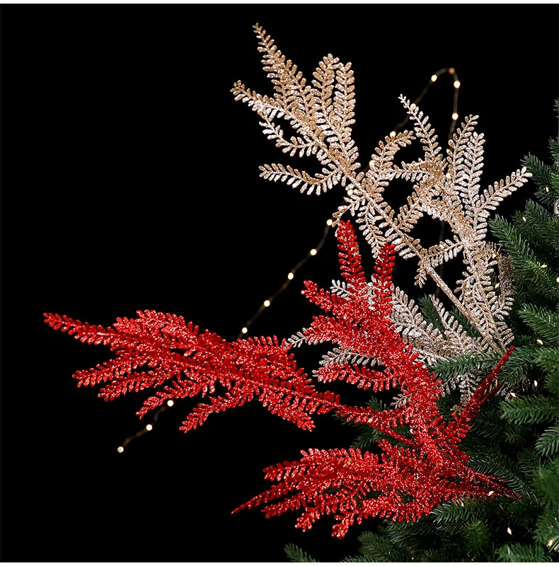 Goldene Pinselstrich-Christbaum-Deko, künstliche Steckzweige, 2 Farben (Rot, Champagner), Festdekoration, Hochzeit, Event, Shop-Deko, 5 Designs