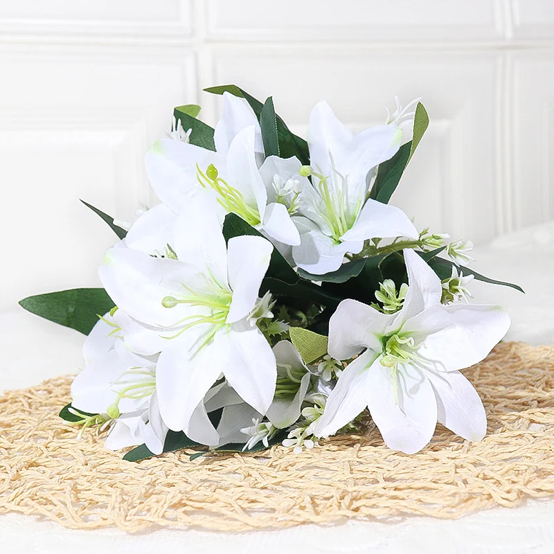 7-köpfige Seidenlilien-Blumenstrauß, 35 cm hoch, realistisch, für Hochzeit, Dekoration, Innenraum, künstliche Blumen ohne Vase