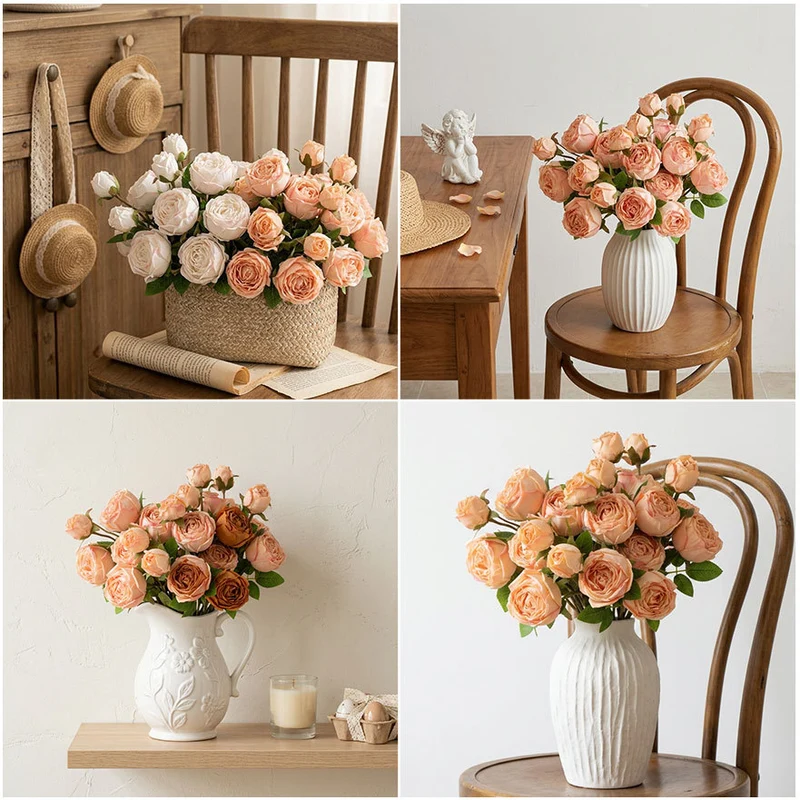Kunstblumen Rosenstrauß Seidenblumen Kaiserin Rosa mit 3 Blüten 53 cm, realistische Deko für Hochzeit, Trauerfeier, Shop-Deko, Innenraum