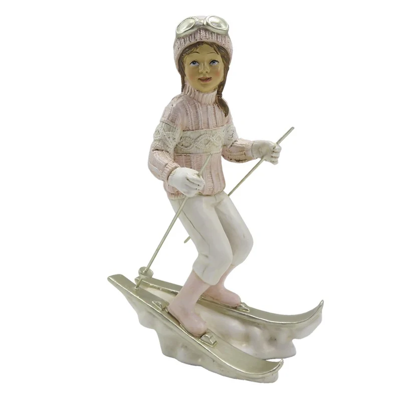 Dekofigur Kind auf Skiern, Rosa/Weiß