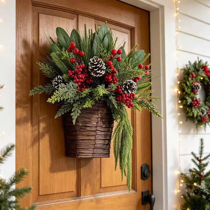 Weihnachtskranz Deko 38 cm mit Kiefernzapfen, roten Beeren und Tannengrün - realistischer Adventsschmuck für Tür, Wand, Tisch, Hotel, Café