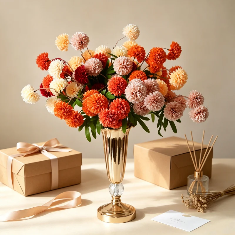 Künstliche Chrysanthemen-Busch, 52 cm Höhe, Seidenmaterial, 5 Blüten, 6 cm Durchmesser, für Hochzeitsdekoration und Wohnaccessoires