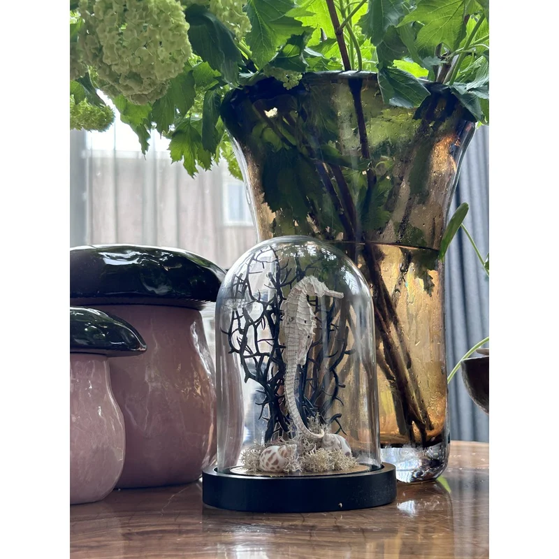 Seepferdchen-Skulptur aus Glas mit Holzsockel