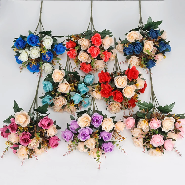Künstliche Mini-Rosenblüten, 35 cm, Seidenstoff, 12 Blüten pro Bund – Hochzeit, Dekoration, Grabgestaltung, Innenraum