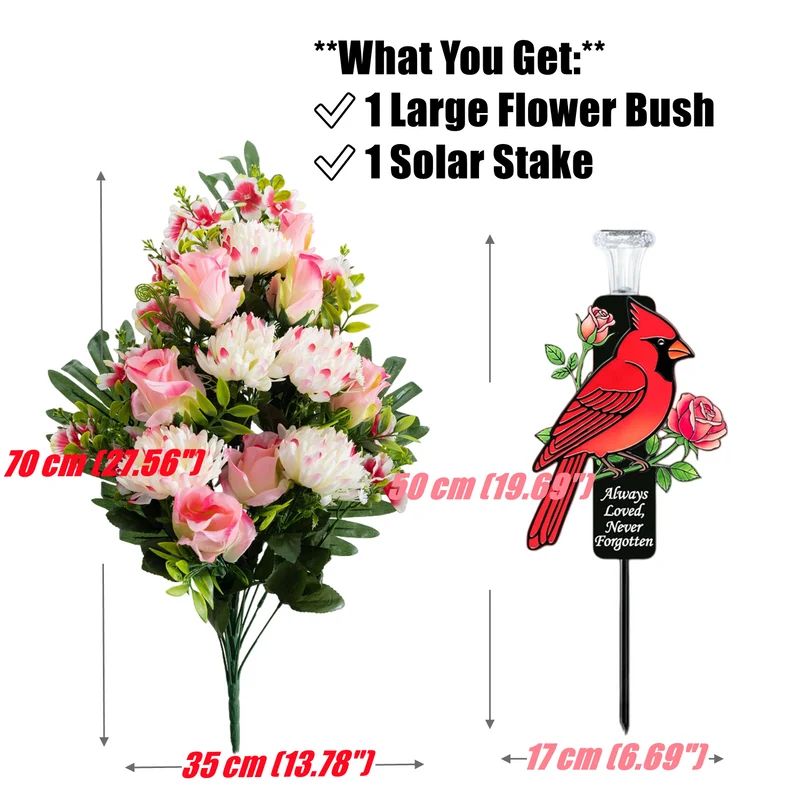 Künstliche Chrysanthemen Blumenarrangement 70 cm – 28 Seidenstiele mit Rosenknospen & Solar-Kardinaldenkmal | Grabschmuck Gedenkgeschenk