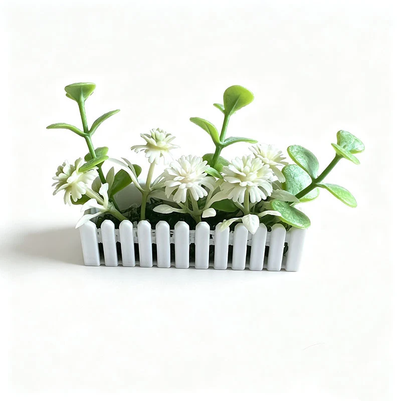 Miniatur-Gartenzaun mit künstlichen Blumen, 6 cm, Plastik, weiß, für Modellbau und Dioramen