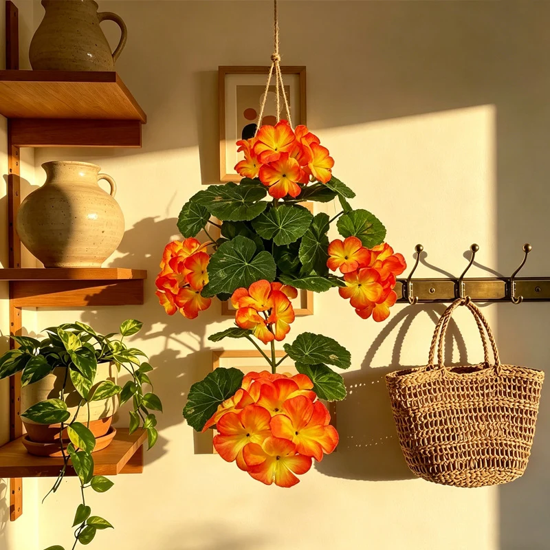 Künstliche Geranien-Blumenranke 42 cm, Wanddekoration, gemischtes Material, realistische Optik für Hochzeit, Café, Laden, Zuhause