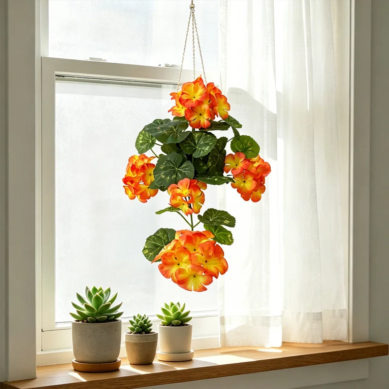 Künstliche Geranien-Blumenranke 42 cm, Wanddekoration, gemischtes Material, realistische Optik für Hochzeit, Café, Laden, Zuhause