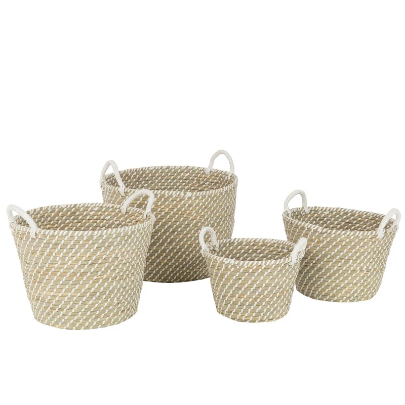 4er-Set Körbe mit runden Griffen, Stroh, natur/weiß