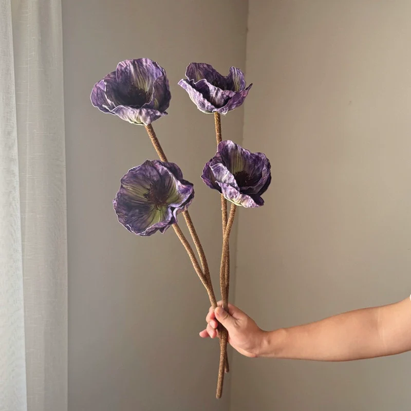 75cm große Mohnblume aus Real-Touch-Material, 2 Blüten, 14cm Durchmesser, lila, dunkelbraun, burgunderrot – perfekt für Hochzeiten, Wohnkultur, Einzelhandel
