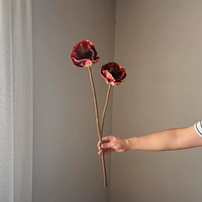 75cm große Mohnblume aus Real-Touch-Material, 2 Blüten, 14cm Durchmesser, lila, dunkelbraun, burgunderrot – perfekt für Hochzeiten, Wohnkultur, Einzelhandel