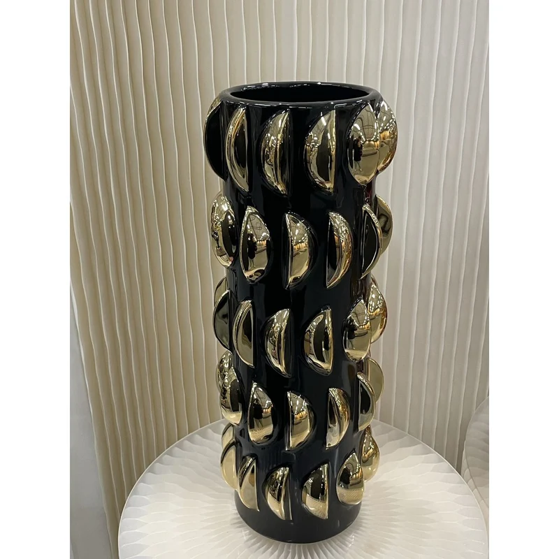 Vase mit Fischschuppen-Relief in Schwarz-Gold, groß