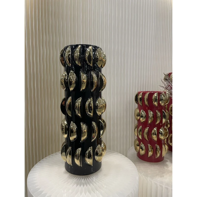 Vase mit Fischschuppen-Relief in Schwarz-Gold, groß