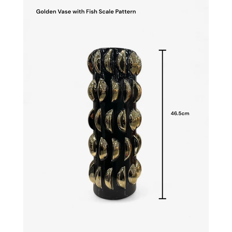 Vase mit Fischschuppen-Relief in Schwarz-Gold, groß