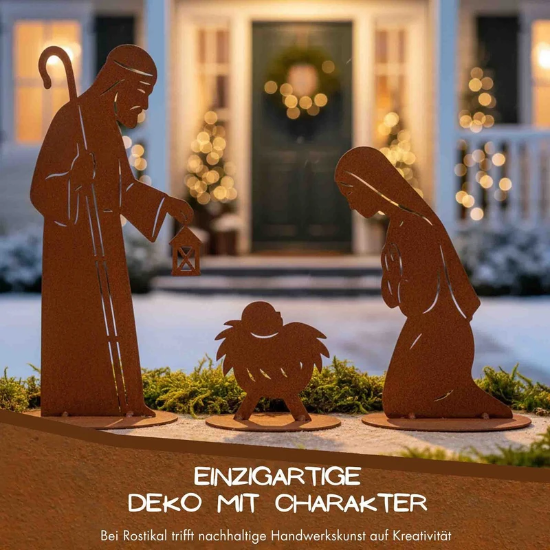 Edelrost Krippenfiguren Set – Maria, Josef & Krippe | Weihnachtsdeko aus Metall