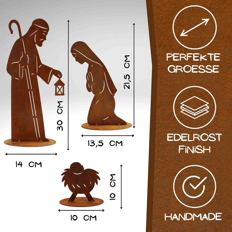 Edelrost Krippenfiguren Set – Maria, Josef & Krippe | Weihnachtsdeko aus Metall