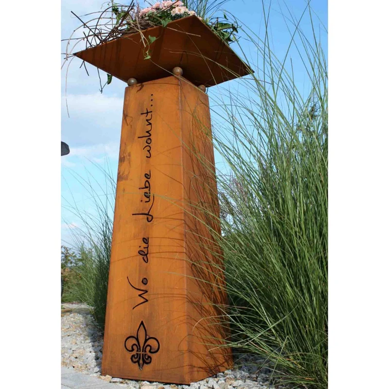 Edelrost Gartendeko Vintage Säule "Wo die Liebe wohnt" mit verschiedenen Blumenschalen