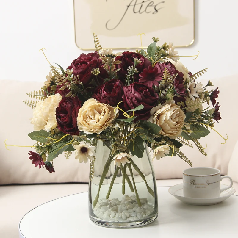 Künstliche Pfingstrosen aus Seide, 34 cm, 10 Blüten, realistisch, für Hochzeiten, Zuhause, Laden, Hotel