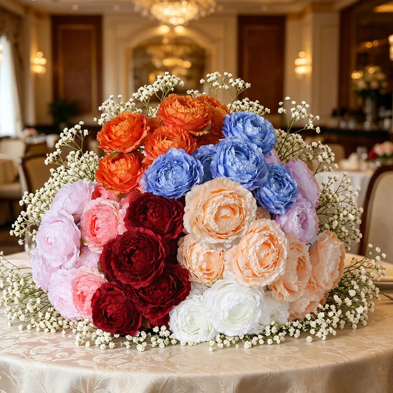 Künstlicher Pfingstrosen-Strauß mit 7 Blüten, 49 cm hoch, für Hochzeit, Dekoration, Innenraum