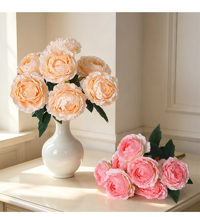 Künstlicher Pfingstrosen-Strauß mit 7 Blüten, 49 cm hoch, für Hochzeit, Dekoration, Innenraum