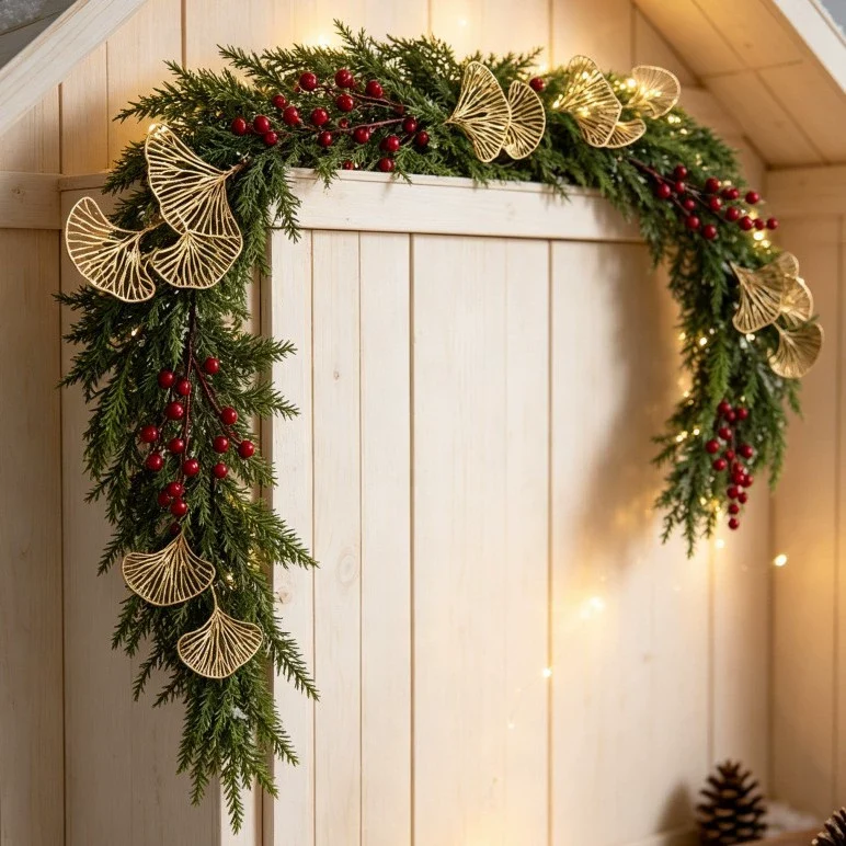 Künstliche Kiefernzweige mit goldenen Fächern und roten Beeren, 180 cm, für Weihnachtsdeko, Hochzeiten, Hoteldekoration