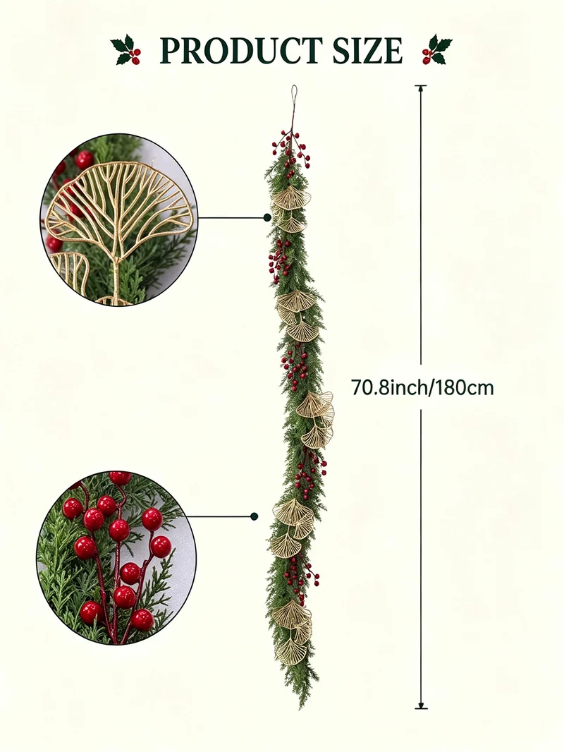 Künstliche Kiefernzweige mit goldenen Fächern und roten Beeren, 180 cm, für Weihnachtsdeko, Hochzeiten, Hoteldekoration