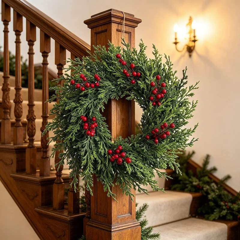 Weihnachtskranz aus künstlicher Tannenzweigen mit roten Beeren, 55 cm Durchmesser, für Innen- und Außendekoration, Weihnachtsdekoration, Haustür, Tischdekoration