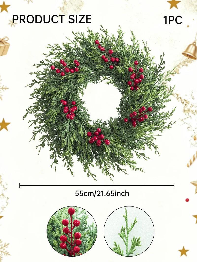 Weihnachtskranz aus künstlicher Tannenzweigen mit roten Beeren, 55 cm Durchmesser, für Innen- und Außendekoration, Weihnachtsdekoration, Haustür, Tischdekoration