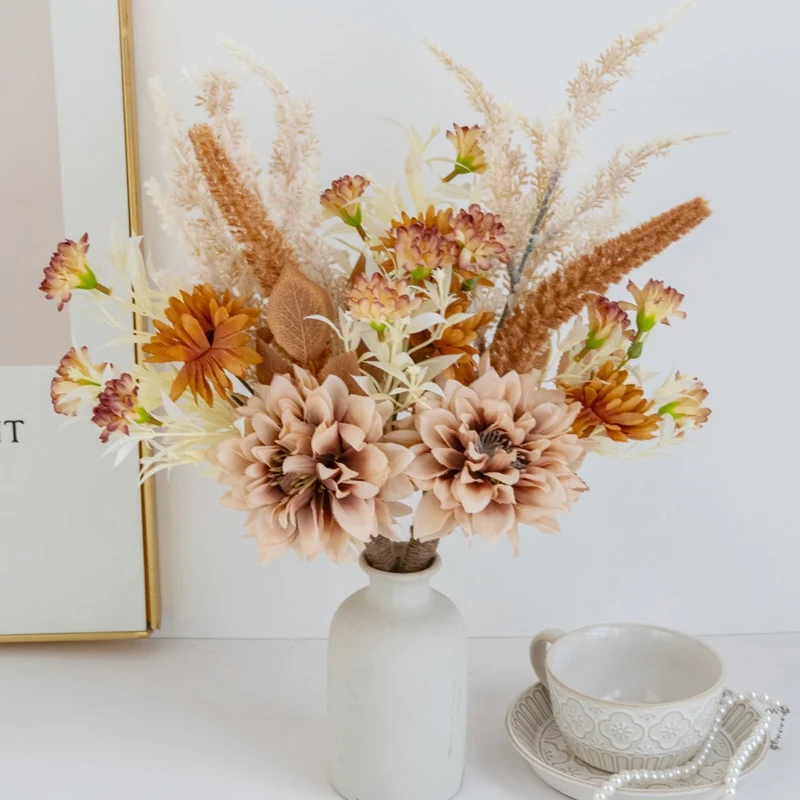 2 Kunstblumensträuße Dahlien Seide 46cm, Herbstdekoration, Hochzeitsevent, Wohnaccessoire, Innen- und Außenbereich