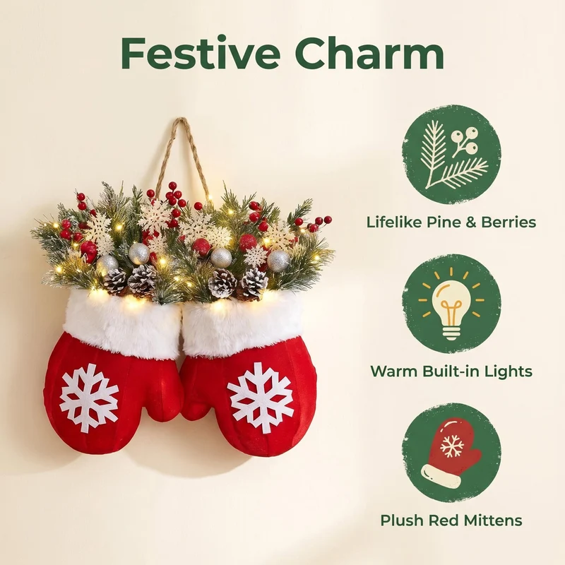 Weihnachtskranz mit Lichtern, 40cm, künstliche Tannenzapfen & Beeren, festliche Dekoration für Tür, Wand, Hochzeit, Event
