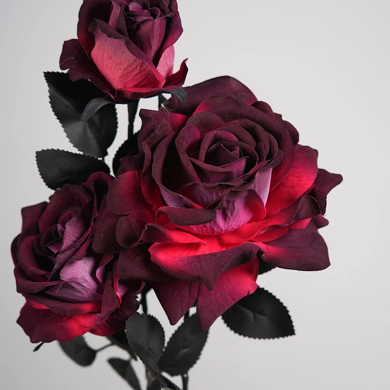 Künstliche Gothic-Rose, 52 cm, Real-Touch, Dunkelrot, für Halloween, Hochzeitsdekoration, Grabschmuck, Event-Deko