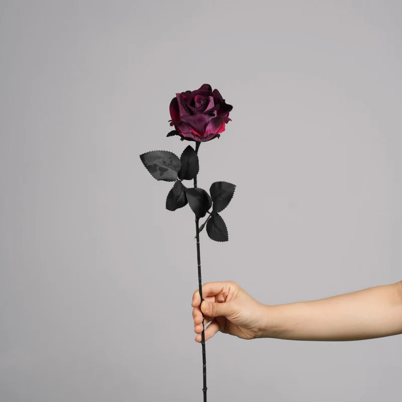 Künstliche Gothic-Rose, 52 cm, Real-Touch, Dunkelrot, für Halloween, Hochzeitsdekoration, Grabschmuck, Event-Deko