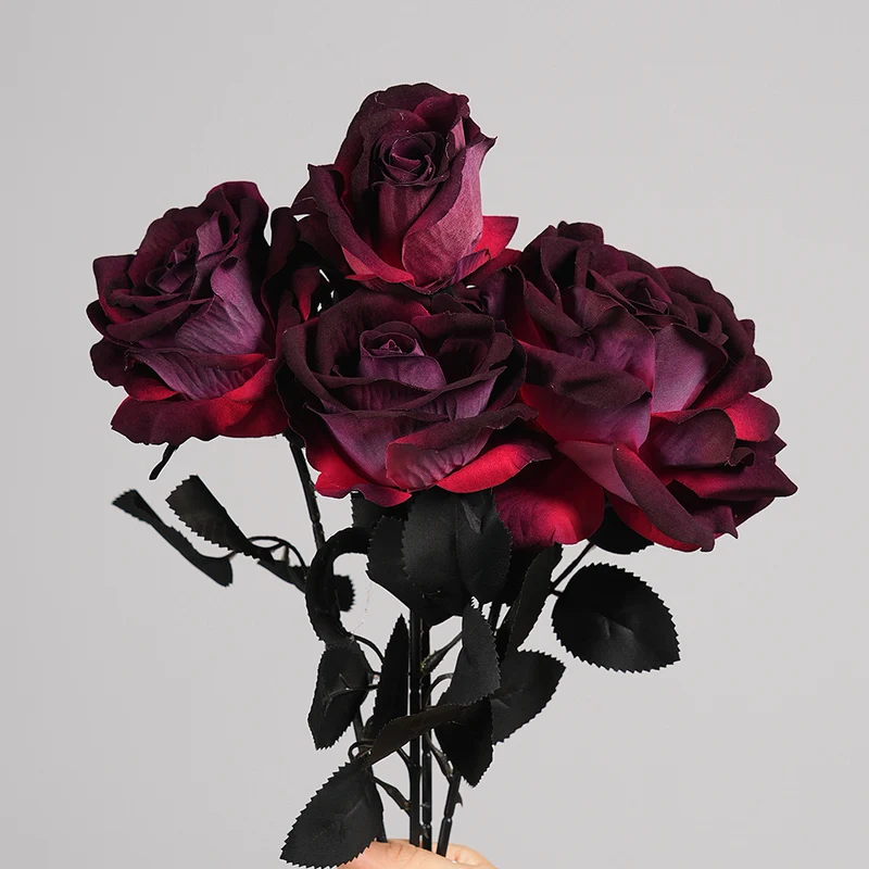 Künstliche Gothic-Rose, 52 cm, Real-Touch, Dunkelrot, für Halloween, Hochzeitsdekoration, Grabschmuck, Event-Deko