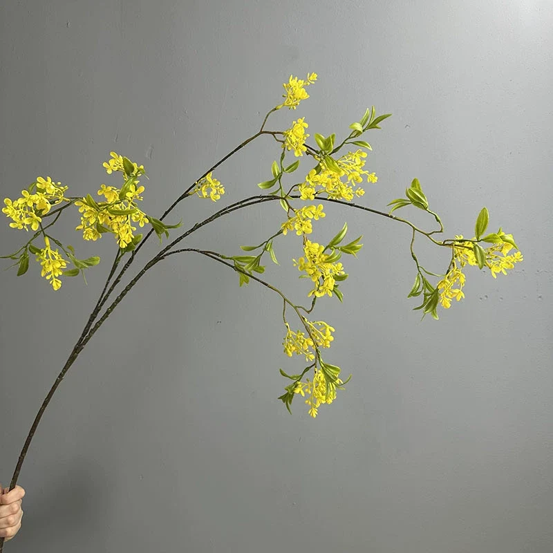 Künstlicher Forsythienzweig 127 cm, langer hängender Dekozweig, täuschend echt in Gelb, Weiß, Lila – Ideal für Bodenvase, Hochzeit, Gastronomie