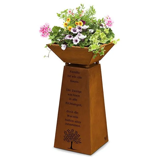 Rostsäule mit Familienspruch und Pflanzschale