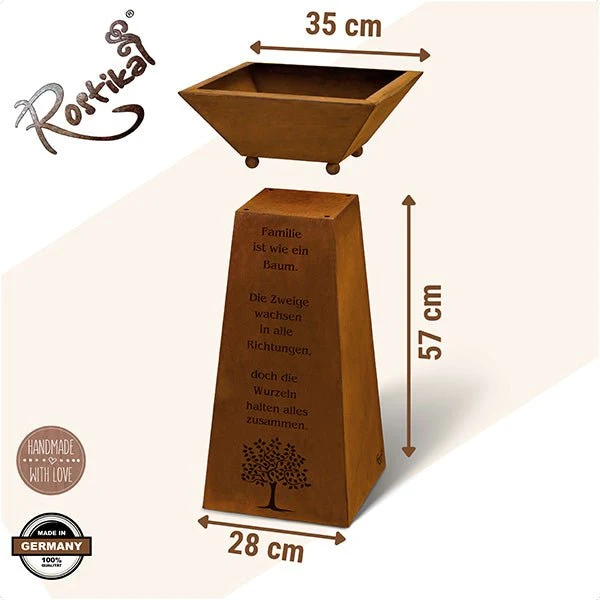 Rostsäule mit Familienspruch und Pflanzschale