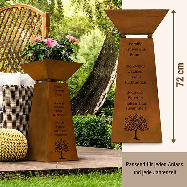 Rostsäule mit Familienspruch und Pflanzschale