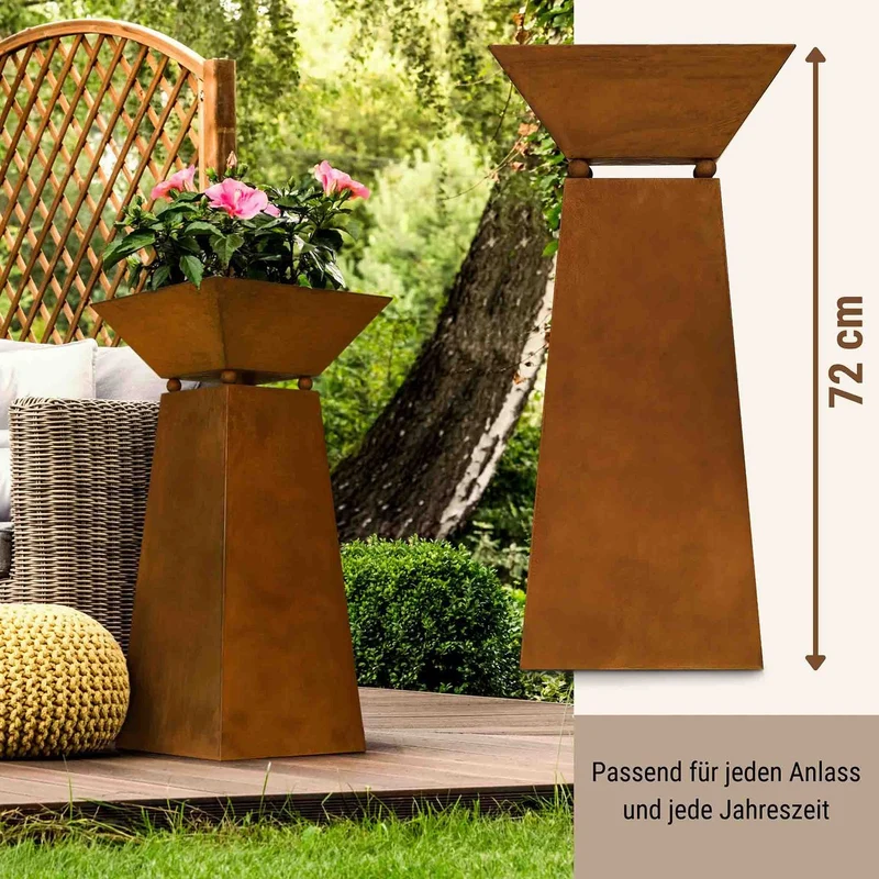 Gartendeko-Säule mit abnehmbarer Pflanzschale in Edelrost