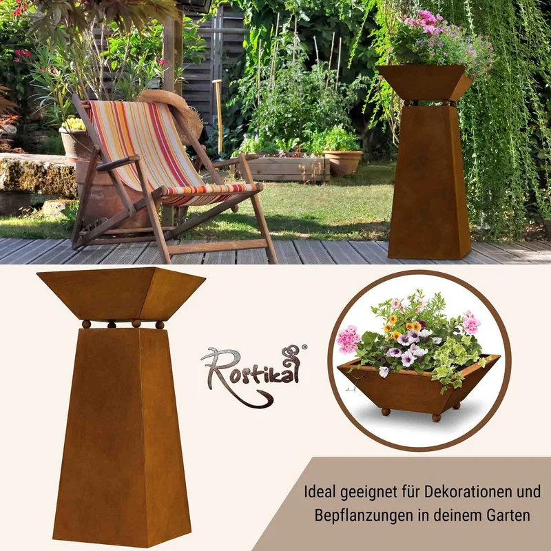 Gartendeko-Säule mit abnehmbarer Pflanzschale in Edelrost