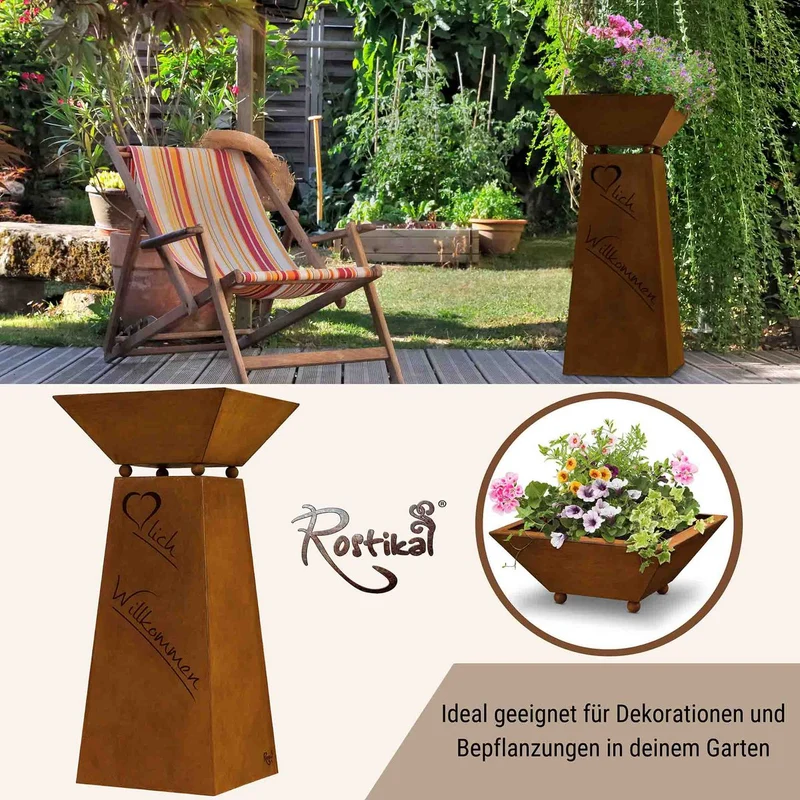 Rost Dekosäule Herzlich Willkommen mit Blumenschale in Edelrost