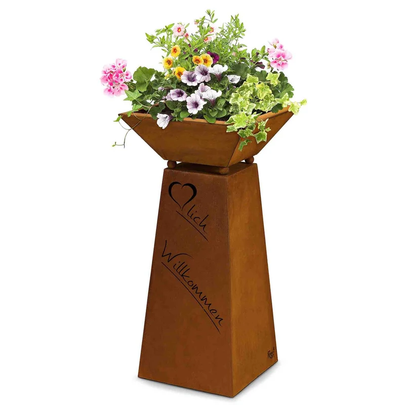 Rost Dekosäule Herzlich Willkommen mit Blumenschale in Edelrost