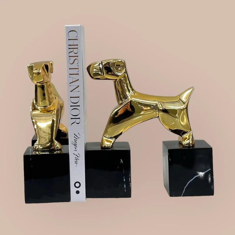 Art-Déco-Terrier-Buchstützen im Chrom-Look (2er-Set)
