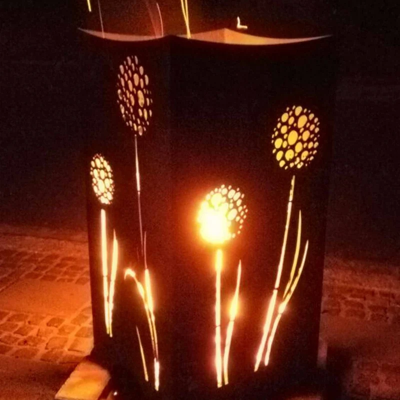 Feuerkorb mit Pusteblumen-Motiv aus Stahl