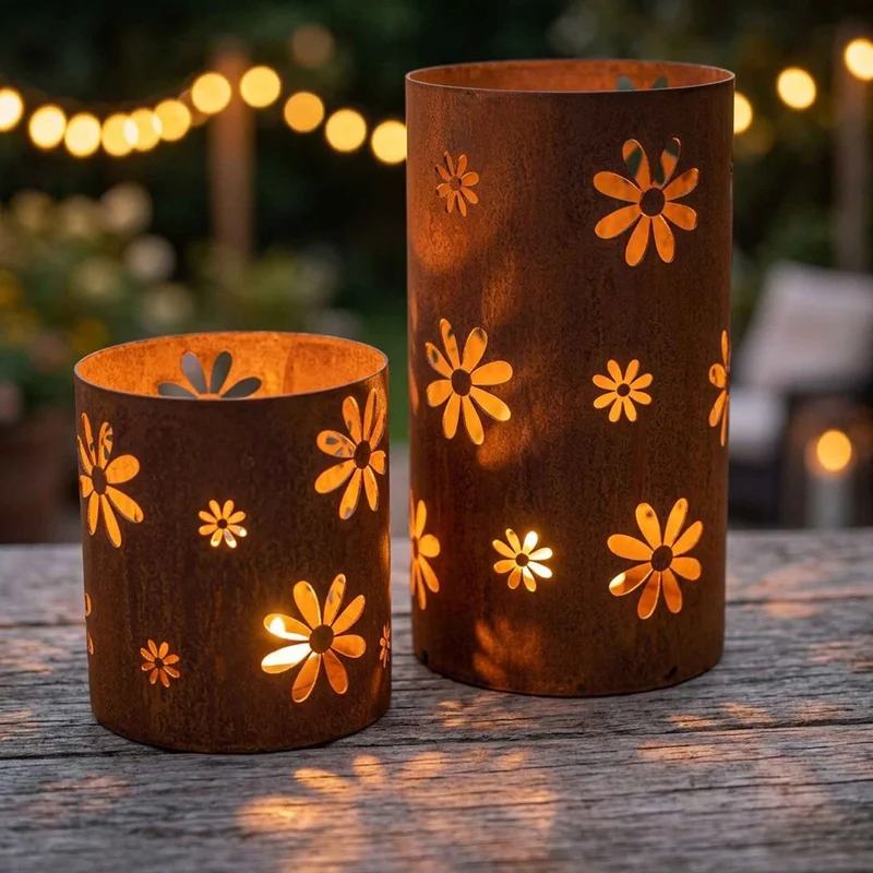 Windlicht Blumen Deko Laterne aus Metall | Edelrost Tischdeko