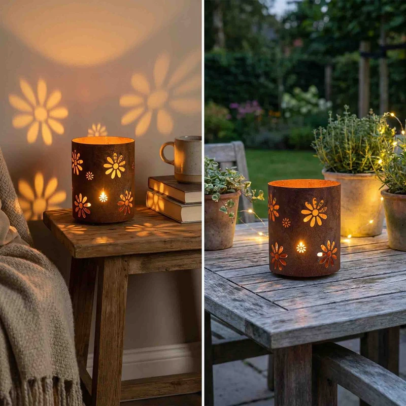 Windlicht Blumen Deko Laterne aus Metall | Edelrost Tischdeko