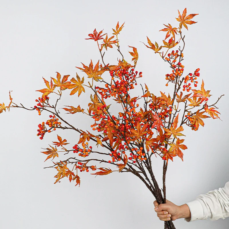 Künstliche Pflanzendeko: Zweige mit Lila Beeren & Ahornblättern, 95 cm, Real-Touch, für Vasen, Hochzeiten, Dekoration, ganzjährig