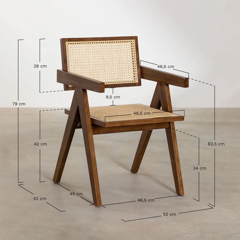 Stuhl im Stil Pierre Jeanneret aus Ulmenholz und Rattan